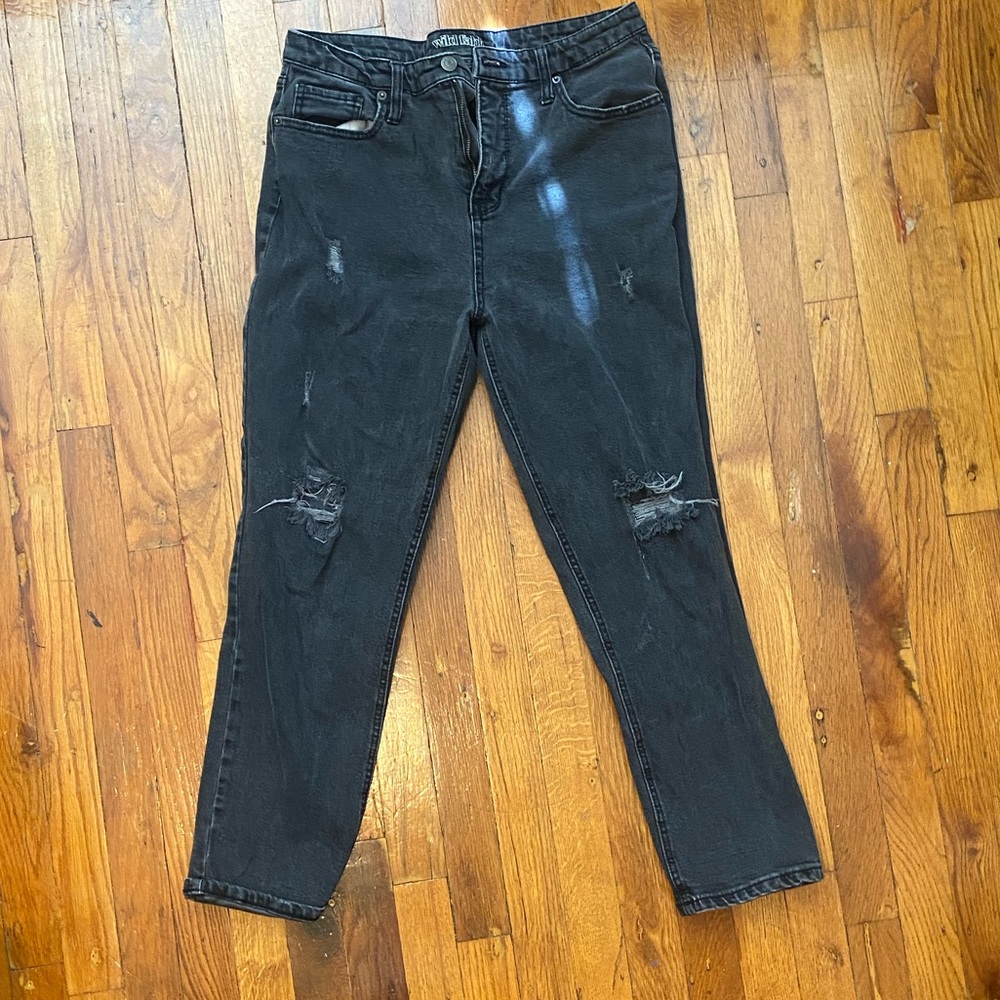 Black straight legged distressed jeans